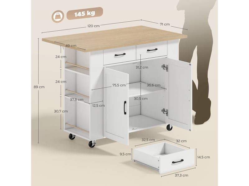  Îlot de cuisine avec station de charge 2 tiroirs blanc 120 x 71 x 89 cm  - Conforama C