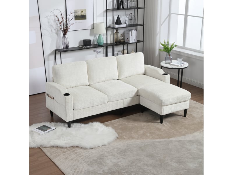  Canapé 4 places 196.5x75x77 cm, porte-gobelets, avec pouf et rangement, couleur beige  - Conforama E