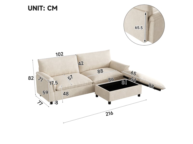 Canapé d'angle modulable 3 places en chenille beige avec pouf de rangement - Conforama C