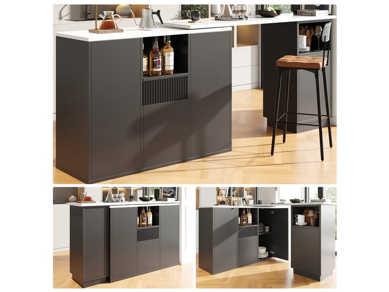  Table de bar pivotante à 360° avec plateau texture marbre, design moderne et épuré noir, îlot de cuisine modulable en l, 210x30x100.9 cm  - Conforama C