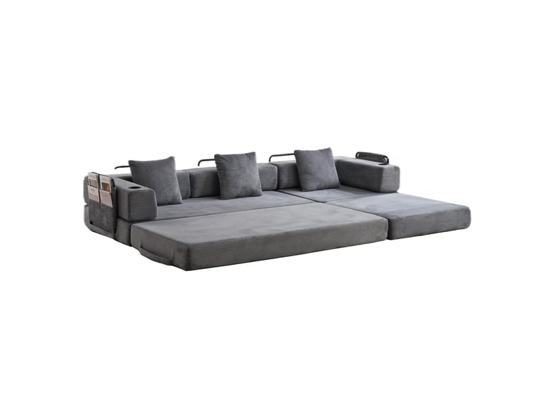  Canapé de sol convertible en lit, coussins, accoudoirs, velours côtelé gris foncé  - Conforama D
