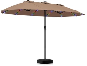 Parasol double à 12 baleines (marron, 4,36 x 2,58 m, avec pied et led) | parasol rectangulaire avec manivelle, 144 led solaires, 12 modes