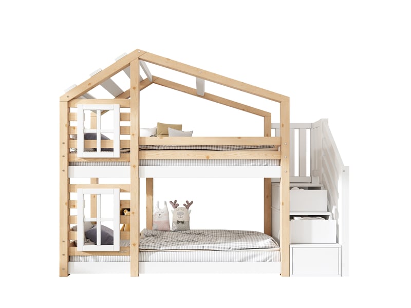 Lit superposé enfant 90 × 200 cm 2 places avec rangements, barrières de sécurité, sans matelas, naturel et blanc - Conforama A