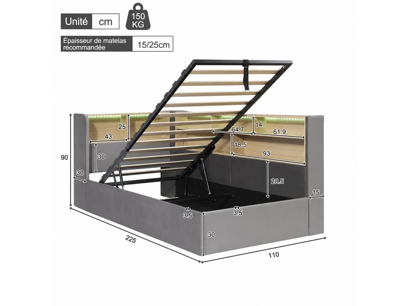  Lit banquette avec rangement hydraulique, éclairage intégré et ports de charge, revêtement en velours gris  - Conforama D