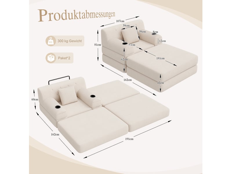  Fauteuil-lit convertible 1 place avec dossier haut, 4 poches et 2 porte-gobelets en velours côtelé beige  - Conforama C