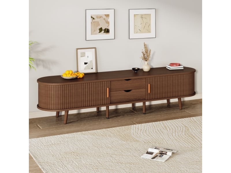  Meuble tv 170x40x42 cm - mdf effet bois noyer - 2 tiroirs - plateau rond - portes télescopiques - compatible 75 pouces  - Conforama E