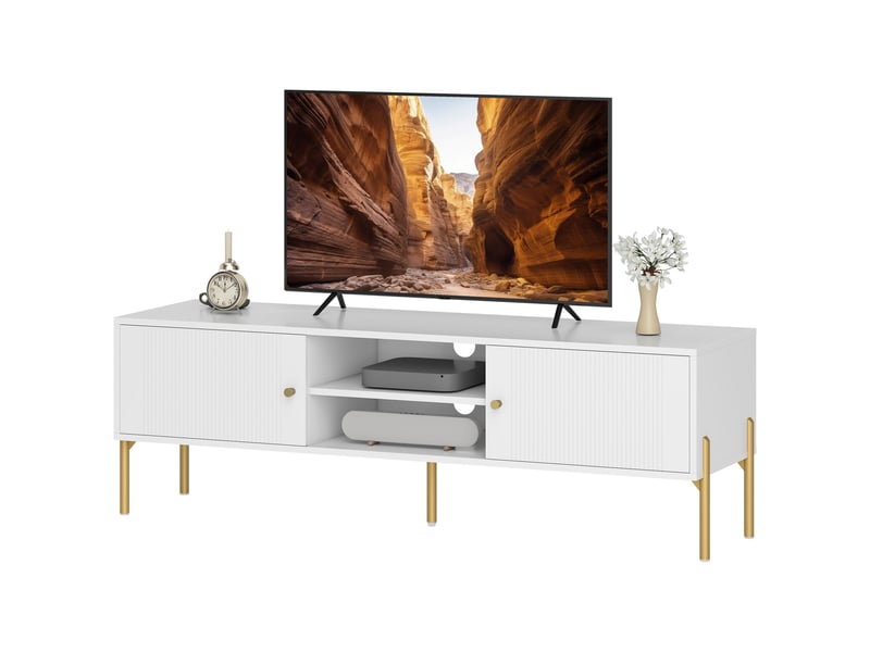  Meuble tv 2 portes 2 compartiments ouverts pieds en acier blanc 140 x 38 x 45,9 cm  - Conforama B