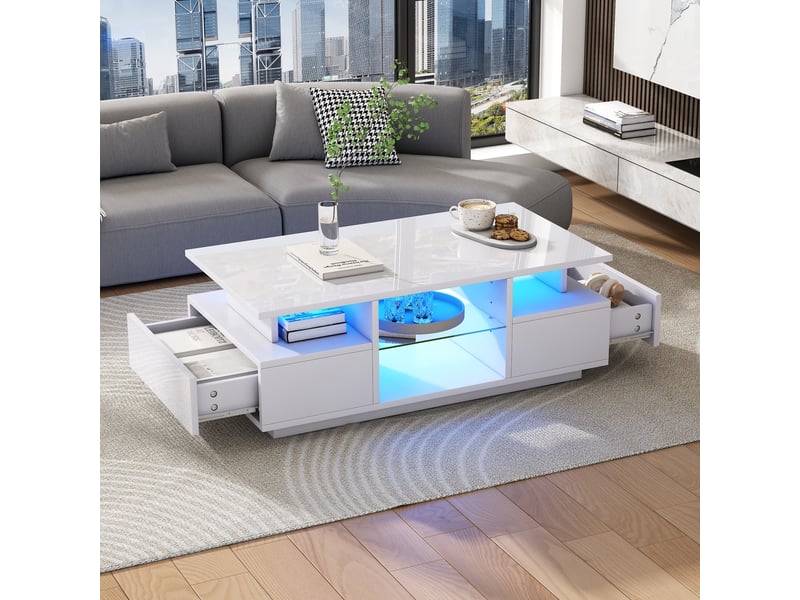  Table basse blanche brillante avec led 2 tiroirs 100x50x36 cm - rangement ouvert en verre  - Conforama D