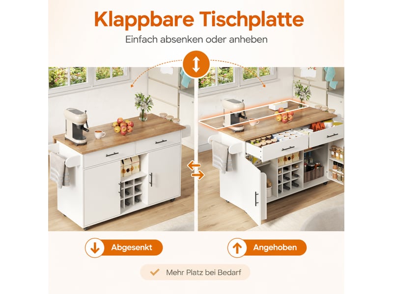  Îlot de cuisine 120x45x84 cm à plateau pliant blanc aspect bois naturel  - Conforama D