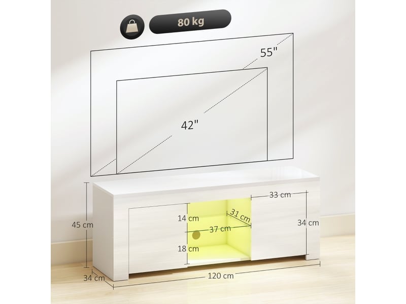  Meuble tv avec 2 portes, 2 niches ouvertes, led et passe-câbles pour salon moderne blanc brillant 120×34×45 cm  - Conforama D