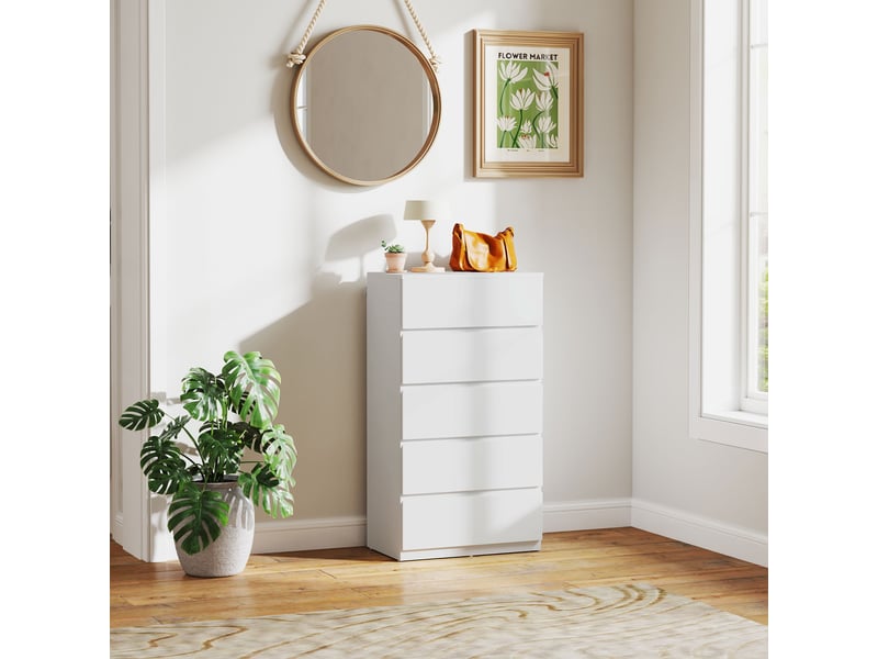  Commode, buffet, commode à 5 tiroirs, 55 cm x 34 cm x 100 cm, blanche  - Conforama C