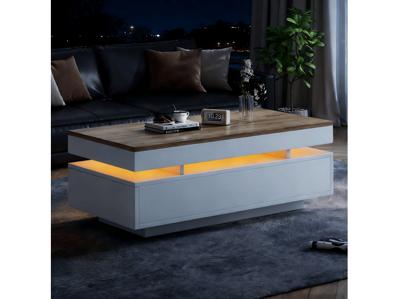  Table basse led avec 2 tiroirs – blanc et ton bois – 100 x 50 x 35 cm  - Conforama C