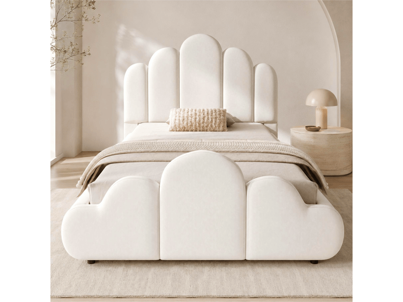 Lit enfant rembourré 90x200 cm avec pied de lit en forme de nuage, tête de lit capitonnée et coins arrondis, structure monobloc, velours, beige  - Conforama C