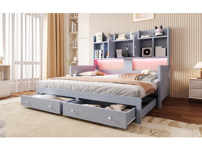  Canapé-lit 90x190 cm, lit enfant, couchage d'appoint, tiroirs, extensible, étagères, bois gris, led  - Conforama W