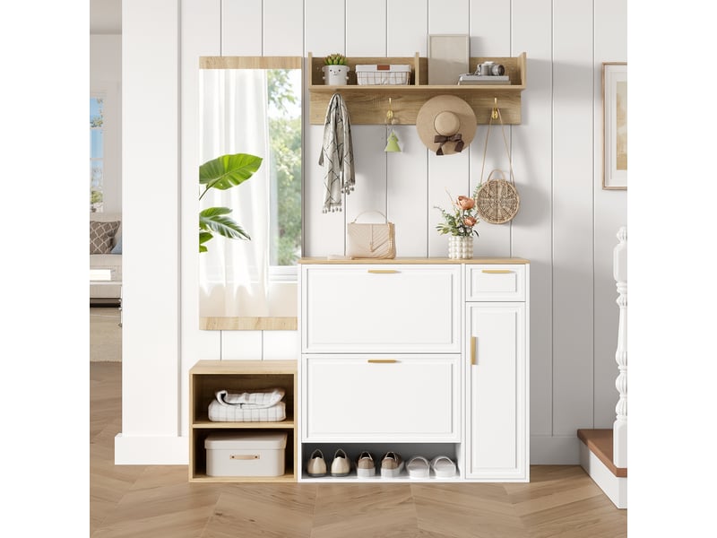  Rayofi – ensemble rangement entrée 4 pièces, meuble à chaussures, banc, porte-manteau mural, miroir – l 139,5 x p 35 x h 166 cm, blanc et naturel  - Conforama W