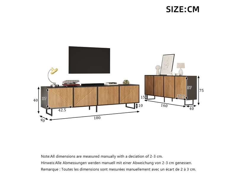 Ensemble meuble tv 180x40x50 cm et buffet 160x40x75 cm, 8 rangements, panneaux de particules et métal, naturel noir - Conforama C
