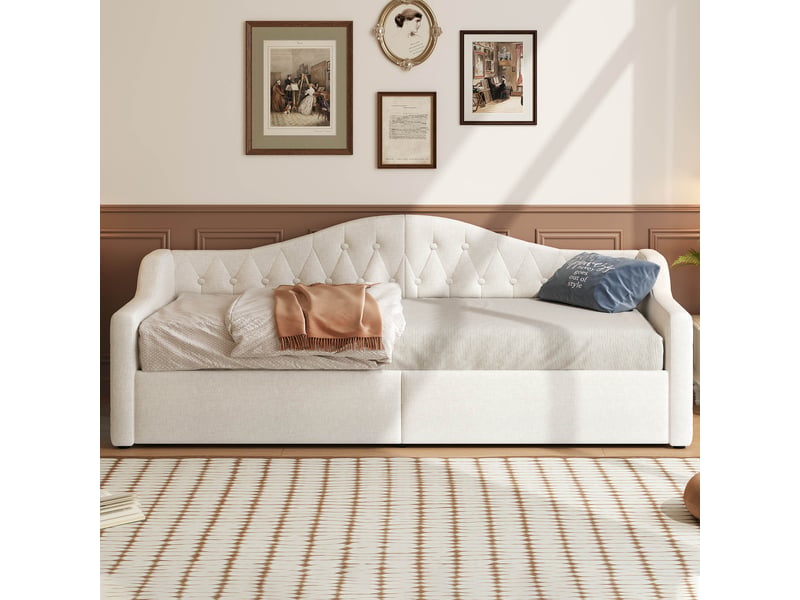  Lit jour avec rangement et bande led en tissu lin beige 90x200 cm  - Conforama E