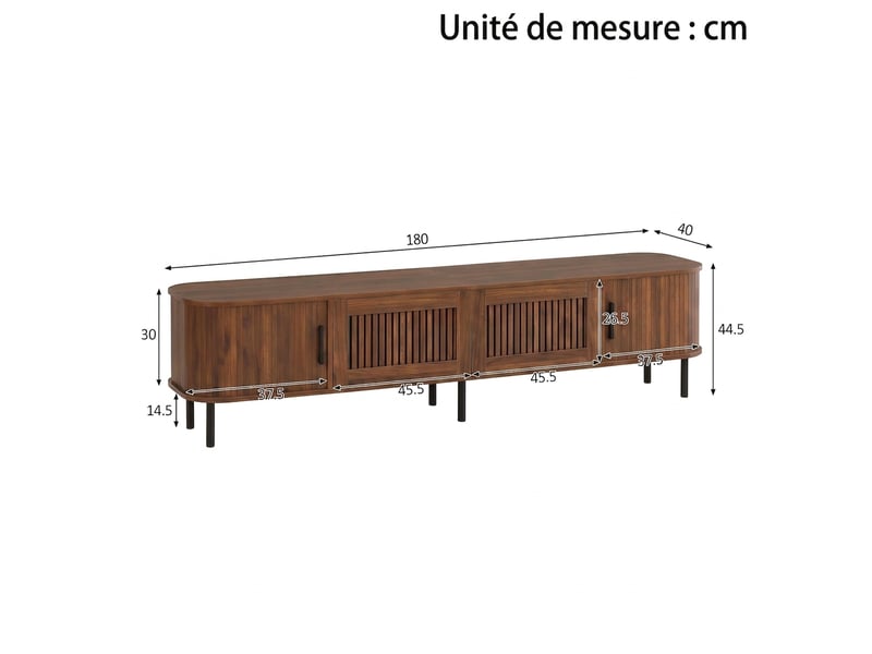 Meuble tv noyer 180 cm avec led app contrôle, bords arrondis et portes coulissantes - Conforama C
