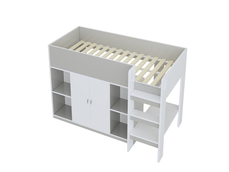  Lit mezzanine 90x200 cm avec rangement, armoire et étagères, échelle sécurisée, pin, gris, sans matelas  - Conforama E
