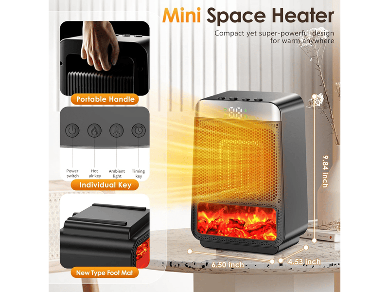 Chauffage d'appoint portable d'intérieur - chauffage rapide ptc - avec lumière - pour chambres, bureaux et camping, 1000 w, noir XLH-ZLS-005266ZLS - Conforama E