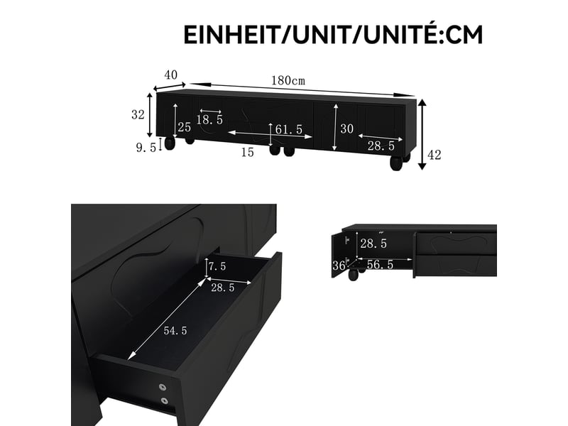  Meuble tv noir 180 cm avec rangements et portes arrondies  - Conforama E