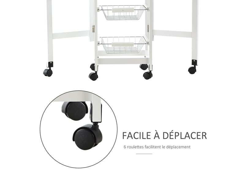  Chariot de service desserte de cuisine à multi-rangements roulettes 3 paniers blanc chêne clair  - Conforama W