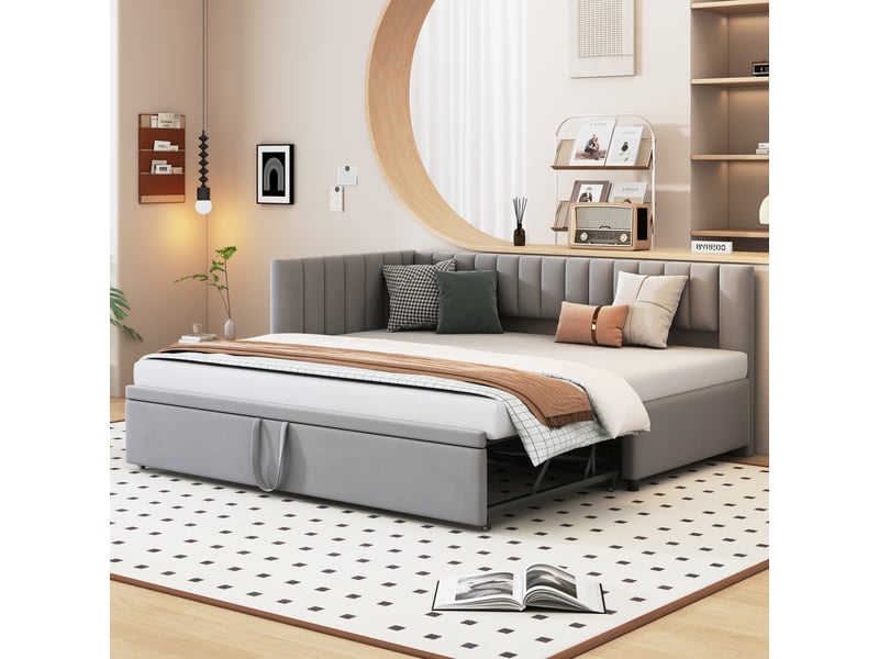 Lit banquette gigogne 200×90 cm, extensible à 180 cm de large, en velours gris avec dossier et tête de lit - Conforama B