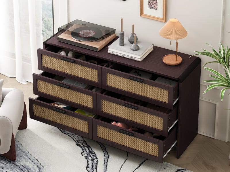  Commode 6 tiroirs en rotin de 130 cm, forme arrondie, ​​pour salon, chambre et cuisine – coloris brun-rouge  - Conforama B