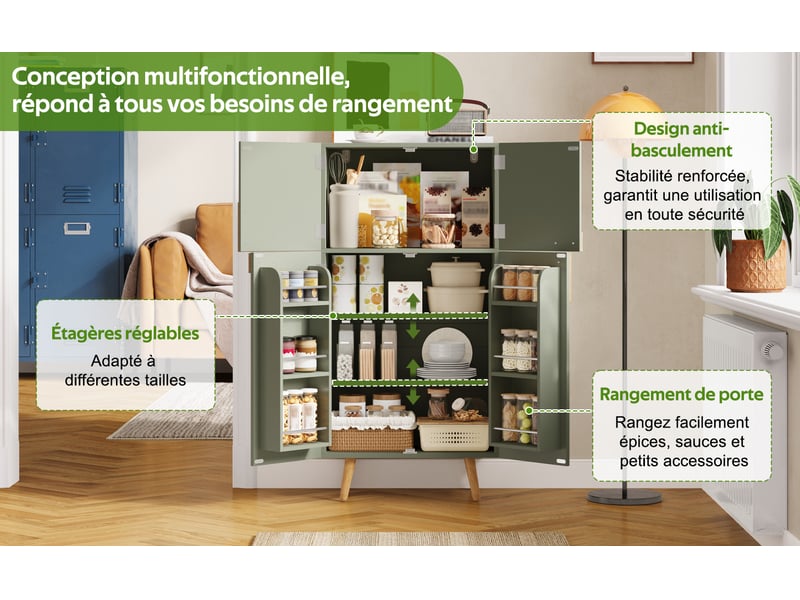 Colonne de cuisine avec 4 portes, étagères de porte et tablettes réglables en mdf pour cuisine, 60×35×120 cm, vert  - Conforama E