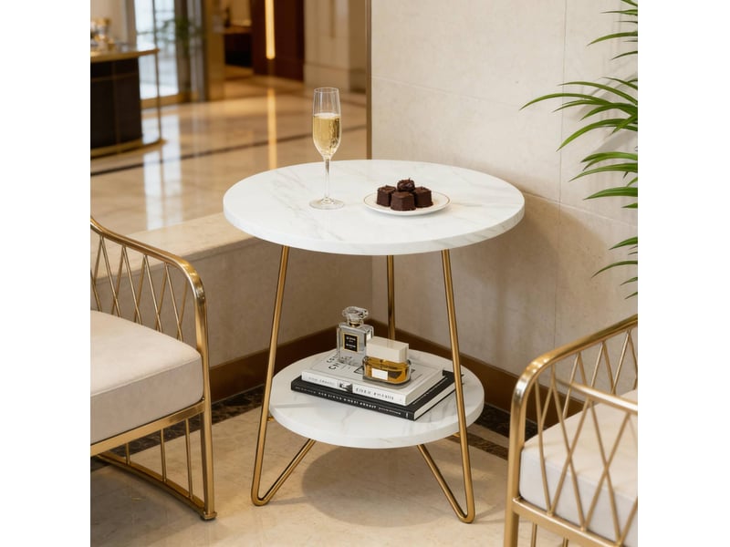  Table d'appoint ronde à 2 niveaux avec plateau effet marbre et structure en métal blanc et doré pour salon et chambre  - Conforama B