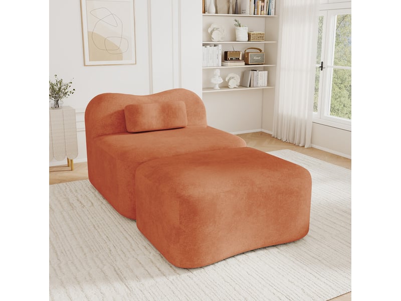 Canapé modulable 1 place 96 x 167 x 70 cm orange en velours, avec ottomane reliée et coussin mobile - Conforama B