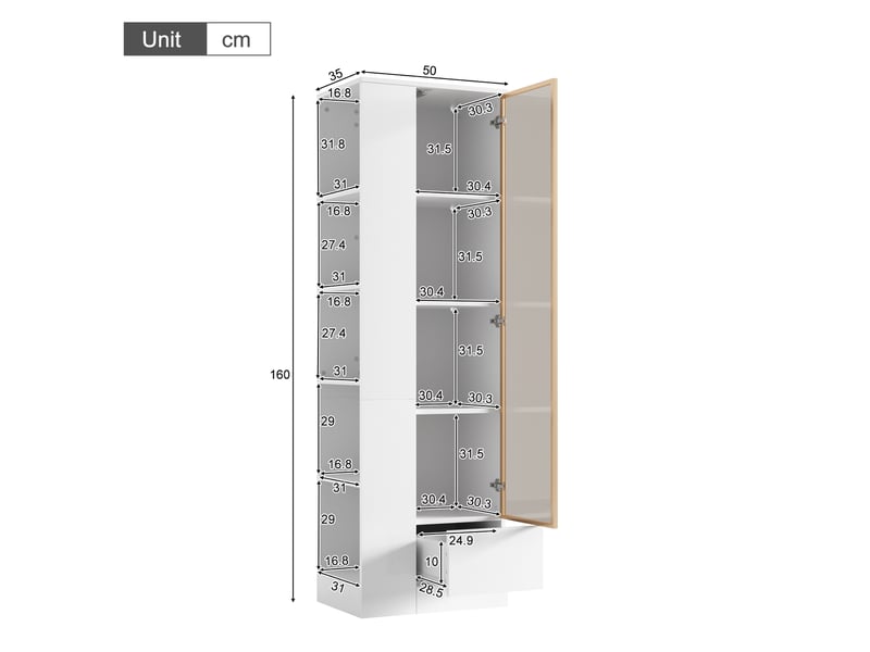 Vitrine 50x35x160 cm en panneaux de particules blanc avec porte vitrée et led  - Conforama C