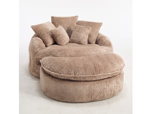 Fauteuil rond surdimensionné 138x190.5x63 cm, dossier large, coussins inclus, mousse dense, polyester, café