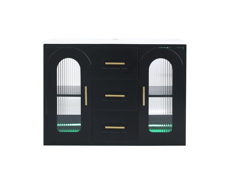  Meuble sous-vasque mural 76 cm noir effet bois, mdf et verre, vasque intégrée, portes cannelées, led et 2 tiroirs  - Conforama A