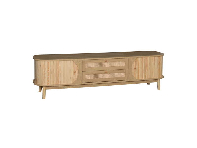  Meuble tv 170 cm  – portes + tiroirs en rotin -  style campagne  – bois naturel - buffet bas et table tv moderne  - Conforama A