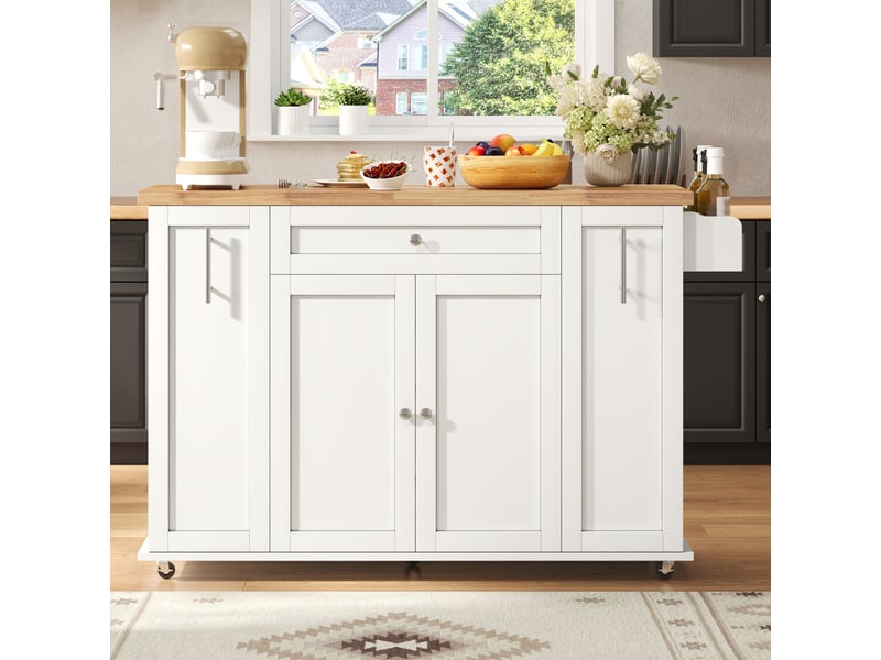  Desserte de cuisine avec plateau rabattable, 3 tiroirs, 2 portes et roulettes verrouillables, mdf, blanc et bois naturel  - Conforama C
