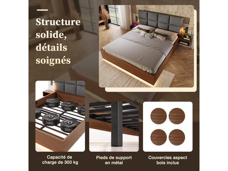 Lit double 180x200 cm en aspect noyer avec tête de lit en lin gris, tables de chevet suspendues, led et usb-ausb-c. - Conforama D