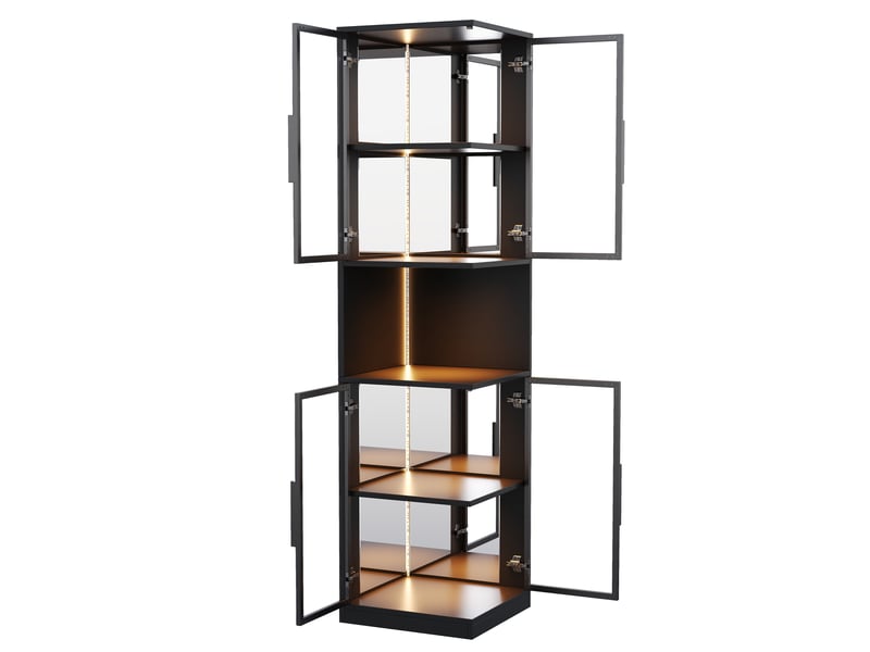  Vitrine noire avec éclairage led, meuble vitrine en verre 205 cm, portes doubles, fond miroir, étagère ouverte, pour salon  - Conforama W