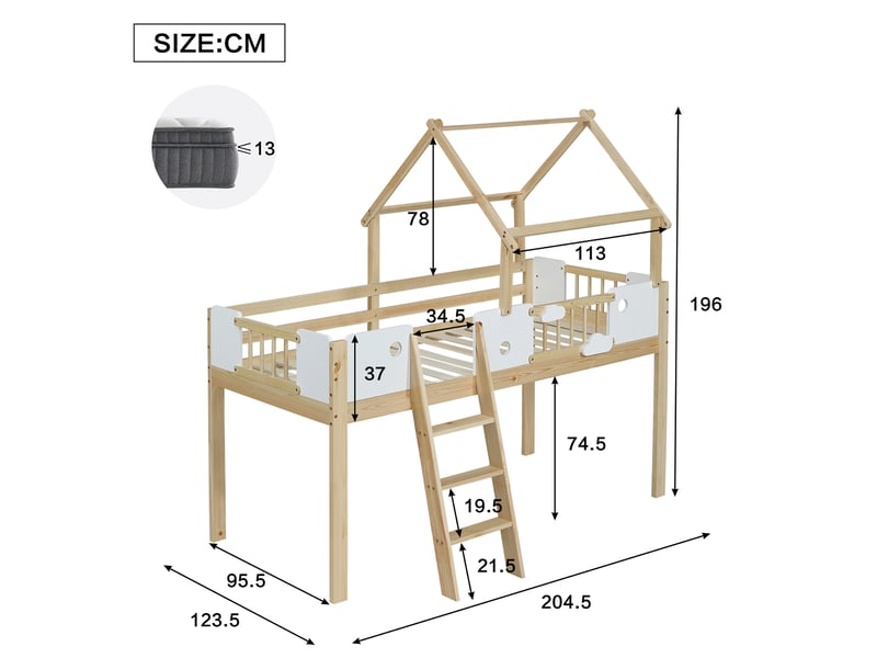  Lit mezzanine cabane enfant 90 x 200 cm avec toit, garde-corps, échelle inclinée 3 marches, espace libre sous le lit, pinmdf, blanc et naturel  - Conforama E