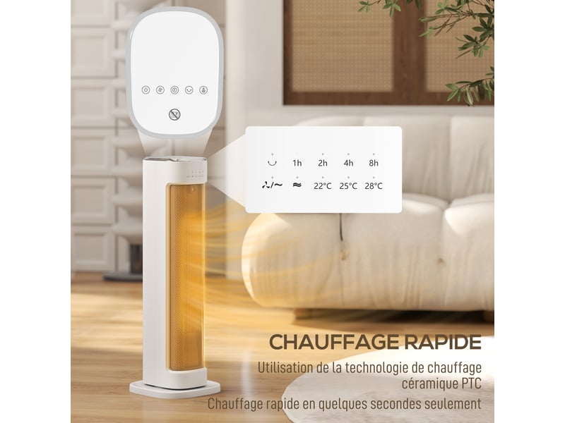  Chauffage d'appoint céramique ptc, radiateur électrique 2000 w avec thermostat réglable, 21x19,7x61cm, minuterie, blanc  - Conforama A
