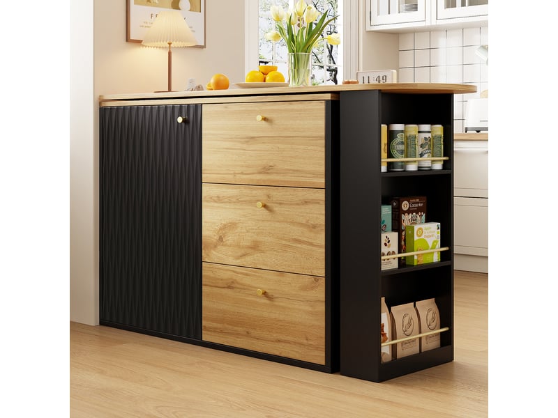 Ilot cuisine, buffet de cuisine avec rangements intégrés, plateau extensible, pivotant à 360°, dimensions 138 à 204 x 39 x 104 cm, mdf, noir - Conforama B