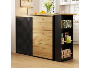 Ilot cuisine, buffet de cuisine avec rangements intégrés, plateau extensible, pivotant à 360°, dimensions 138 à 204 x 39 x 104 cm, mdf, noir