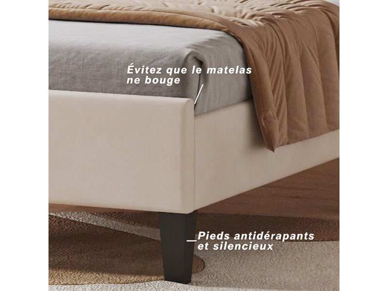  Lit enfant et lit simple 90x200 cm avec tête de lit fleur réglable et sommier à lattes, velours beige, sans matelas  - Conforama R