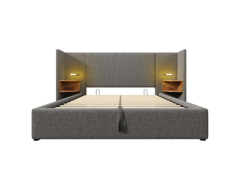  Lit coffre 160x200 cm avec lampe de lecture et charge usb type-c, gris, sans matelas  - Conforama D