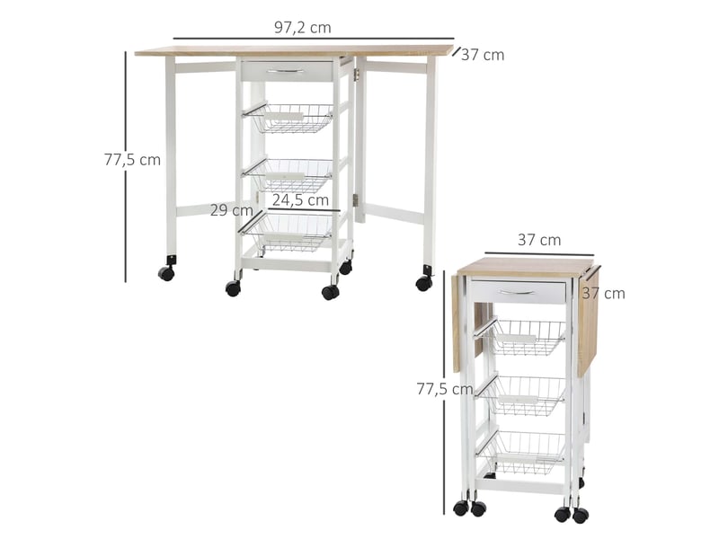  Chariot de service desserte de cuisine à multi-rangements roulettes 3 paniers blanc chêne clair  - Conforama C