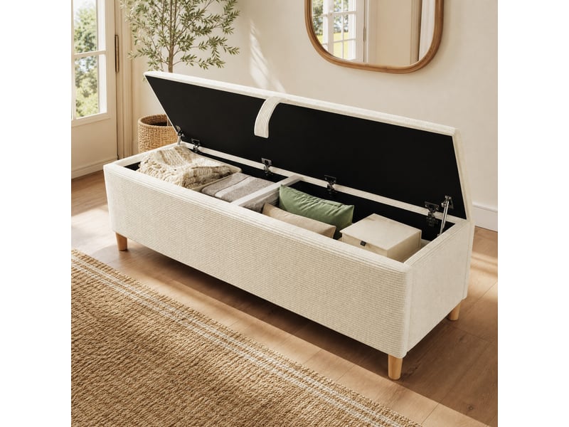  Lit double 180 x 200 cm chêne clair et beige avec rangement, led et banc de lit  - Conforama D