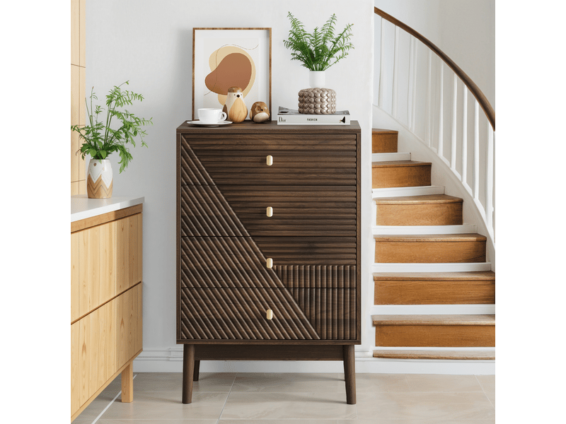 Commode scandinave 4 tiroirs effet bois noyer 4 tiroirs sculptées et pieds évasés 60x40x90cm  - Conforama B