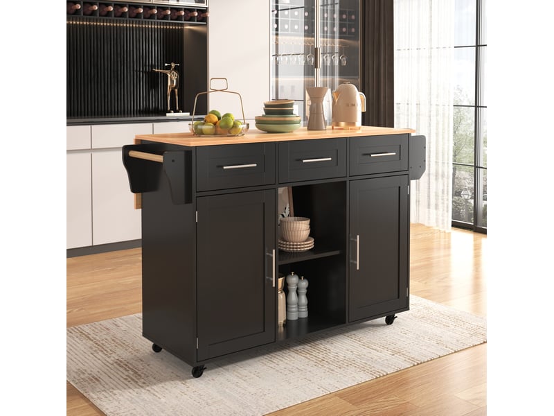  Desserte de cuisine 139x46x91,5 cm avec plateau rabattable, noir et naturel  - Conforama D