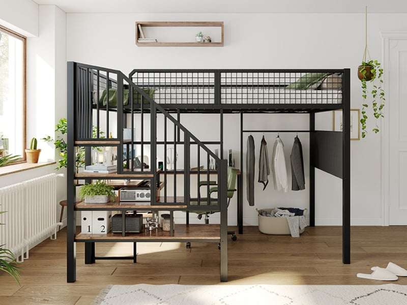  Lit mezzanine en métal 140×200 cm noir avec bureau d’angle en l, escalier, support clavier coulissant, prise usb et poche latérale  - Conforama B