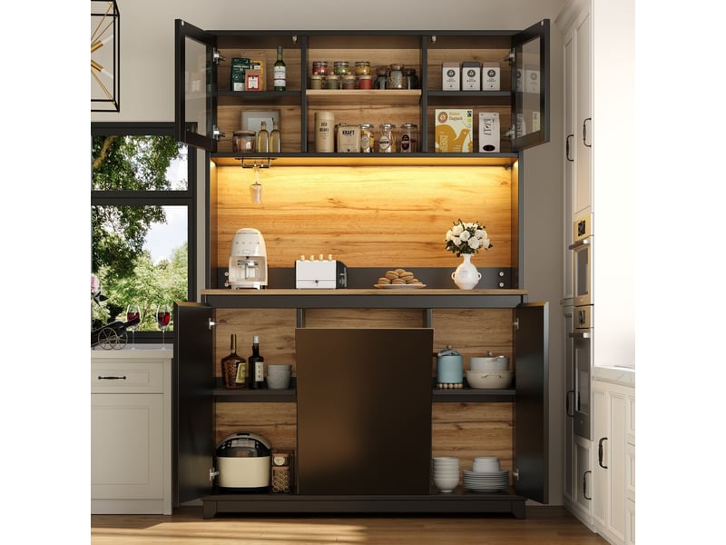  Vitrine salle à manger 120x40x180, portes acryliques buffet cuisine, modèle haut, led intégrées, noir  - Conforama B